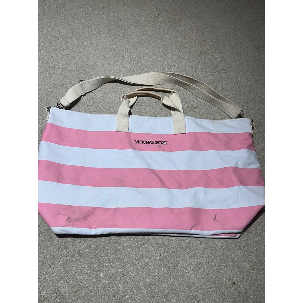 Victorias Secret Pink White Striped Canvas Weekend Travel Tote Bag Oversized